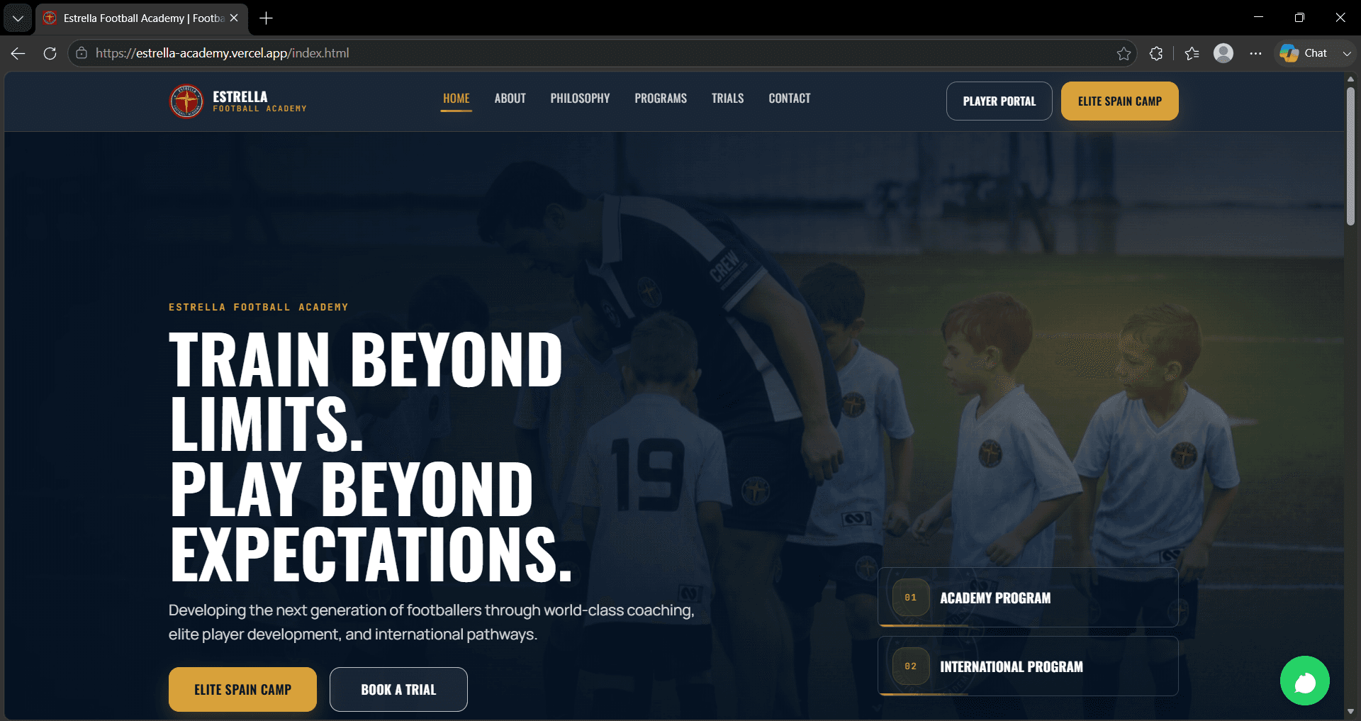 Estrella Football Academy website